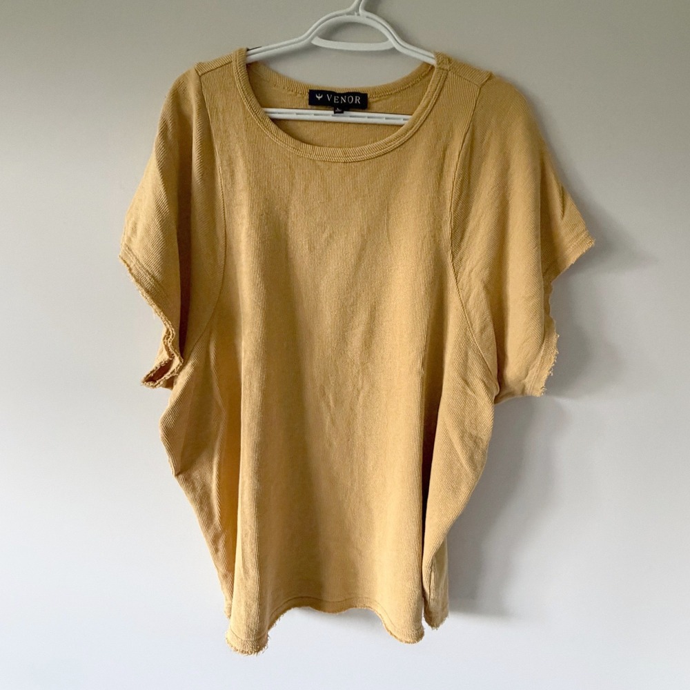 Venor Womens Mustard Yellow 100% Cotton Raw Hem Short Sleeve Oversized Top L